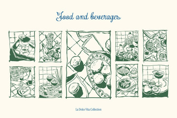 Minimalist hand drawn food and beverages vector illustration collection. Art for greeting cards, wedding invitations, poster design, postcards, branding, logo design. Matisse style doodles.