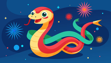 Obraz premium Cute Snake Waving Red and Gold Ribbon with Fireworks and Copy Space. Perfect for: Lunar New Year, New Year's Eve, Festive Celebrations