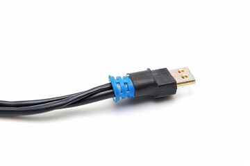 Black Wire. Isolated Electric Cable with Plug in Blue and White Background