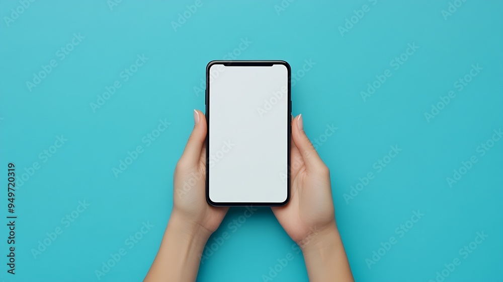 Poster female hands holding smartphone with mockup of blank screen on blue background : generative ai