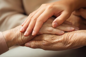 Compassionate female caregiver gently holds elderly woman hand in loving care. Warm smile on carer face conveys comfort and hope. Elderly person with wrinkled hands rests in trust.
