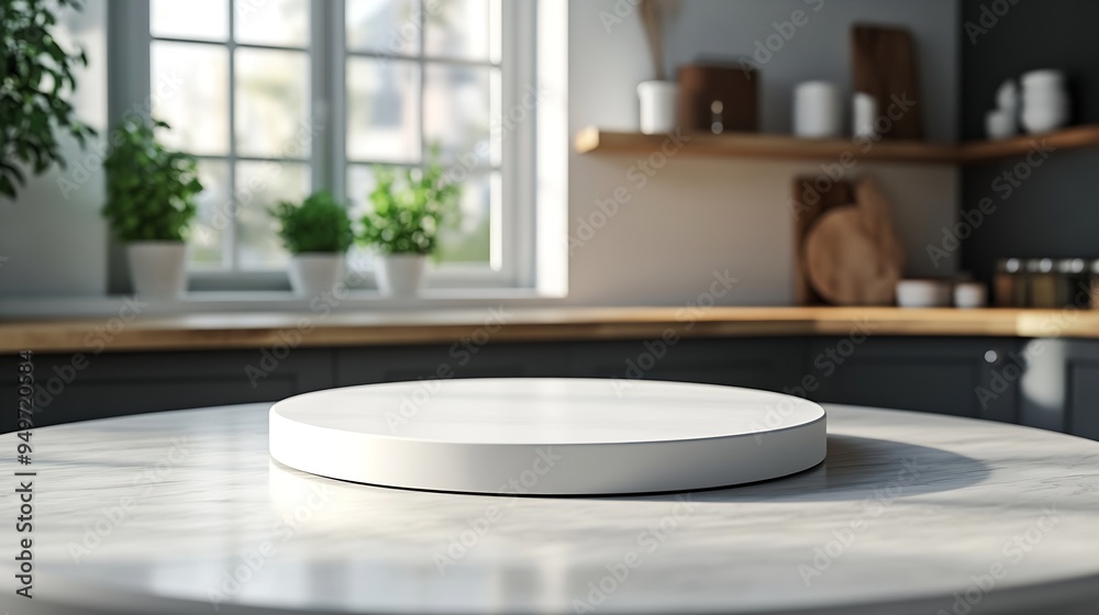Aufkleber empty beautiful round white tabletop counter on interior in clean and bright kitchen background read