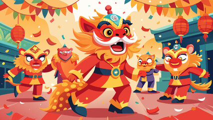 Naklejka premium Lion Dancers in Vibrant Street Celebration. Perfect for: Lunar New Year, Cultural Events, Street Celebrations