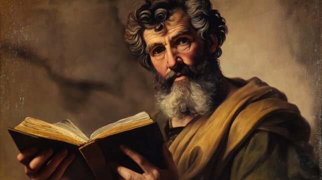 Close-up of bearded man with book in his hands. He is dressed in traditional attire with turban and shawl. His face conveys seriousness and wisdom. Book he holds may be ancient manuscript.