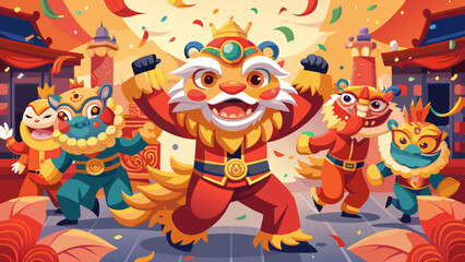 Naklejka premium Exciting Lion Dance Performance in Vibrant Street Celebration. Perfect for: Chinese New Year, Mid-Autumn Festival, Lunar New Year, Cultural Festivals, Celebrations