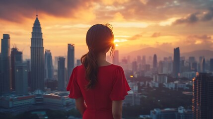 Asian woman in red dress and morning view and sunrise at Kuala Lumpur Malaysia : Generative AI