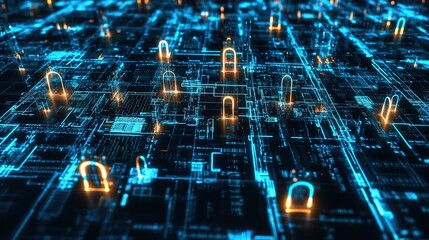 A digital representation of cyber insurance coverage, with a network of locks and data streams.