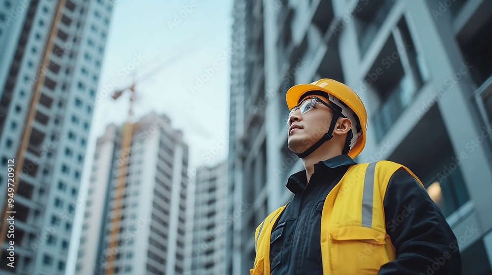 Poster Tablet engineer and man with helmet on construction site for development or building in city on project Male person tech and architecture as manager for progress in industrial design a : Generative AI