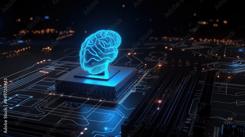 Poster glowing blue brain on microchip circuitry on a computer motherboard represents artificial intelligen