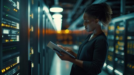 Black female Chief Technology Officer stands confidently in modern Big Data Center, using tablet to access vast amounts of digital information. Surrounded by rows of servers, monitors, computer