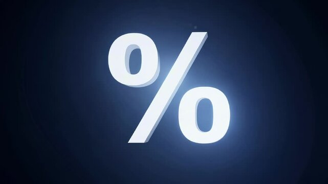 Illuminated silver percentage symbol rotating on a dark background. Discounts, interest rates, or sales promotions
