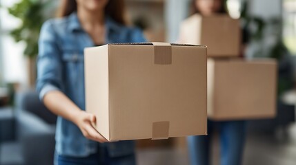 Assisted by a professional delivery team a couple transitions to their new home Together they unload and lift cardboard boxes ensuring an organized and efficient move Moving Day Concep : Generative AI