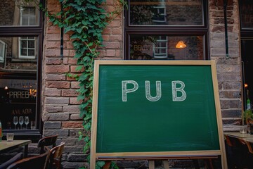 Obraz premium Green chalkboard with PUB QUIZ inscription in front of an open brick wall overgrown with ivy. Chalk drawing on blackboard, pub sign as invitation to a quiz night.