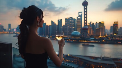 Luxury Shanghai lifestyle Asian woman drinking white wine in on China Travel Elegant model in black dress at terrace view of the city high end living : Generative AI