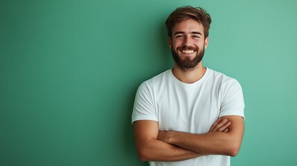 Fototapeta premium Waist up portrait of bearded young man smiling at camera while standing with arms crossed against pastel green minimal : Generative AI