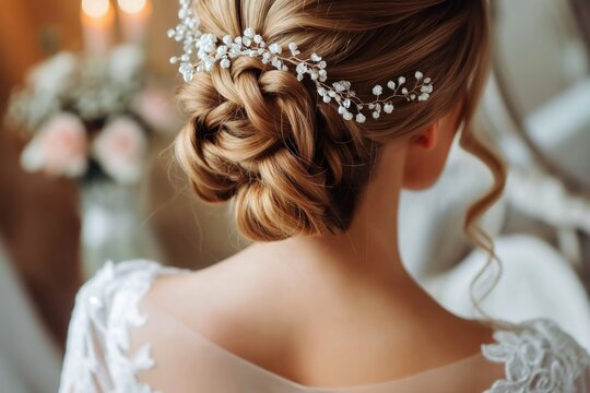 Beautiful bride hairstyle in close-up. Elegant woman with blond hair, flowers in her hair, wedding preparation focus. Hairdresser expertise on display. - Powered by Adobe