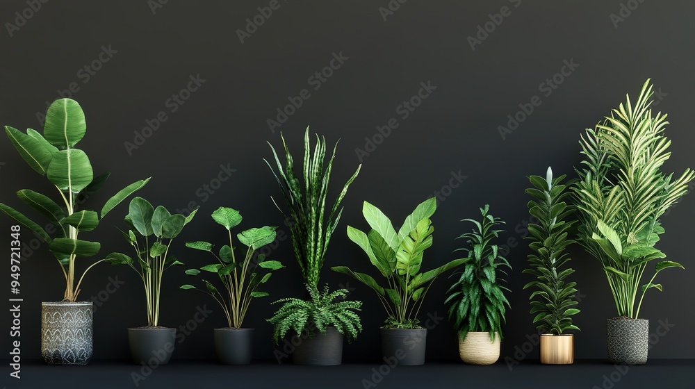 Wall mural set of green potted plants for interior decoration, captured in ultra high definition with epic deta