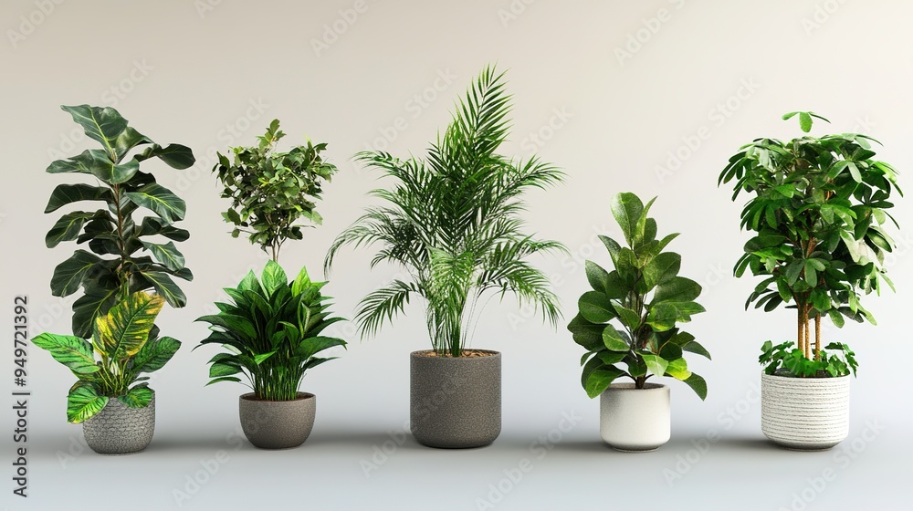 Wall mural Set of Green Potted Plants for Interior Decoration, Captured in Ultra High Definition with Epic Detail and Precision. The Composition Highlights Elegant and Premium Plants with Hyper-Realistic Texture