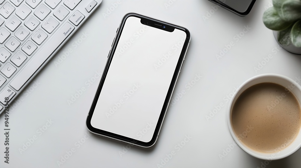 Poster Flat lay mobile phone with empty screen coffee cup notepad and keyboard on white table Top view with copy space : Generative AI