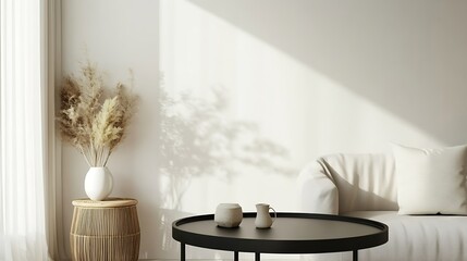 Aesthetic interior of living room with copy space white wall round black coffee table simple console with stylish accessories Home decor Template : Generative AI