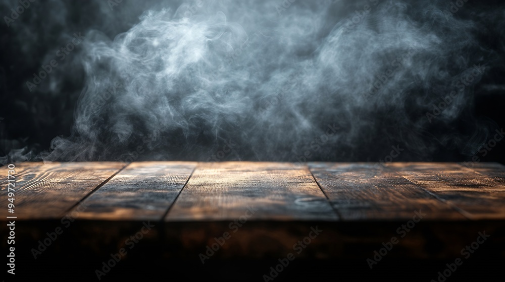 Poster On a black background an empty wooden table with smoke floats up Empty space for displaying your products with a smoke float up on a dark background Space available for displaying your : Generative AI