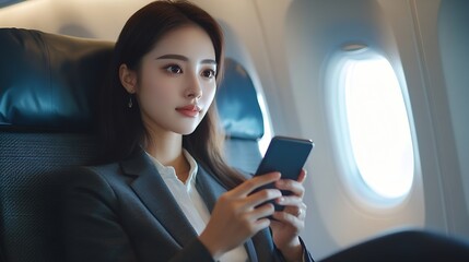Asian young businesswoman successful or female entrepreneur in formal suit in a plane sit in a business class seat and uses a smartphone during flight Traveling and Business concept : Generative AI