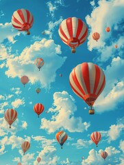 Fototapeta premium A vibrant illustration of hot air balloons soaring through a bright blue sky filled with fluffy white clouds.