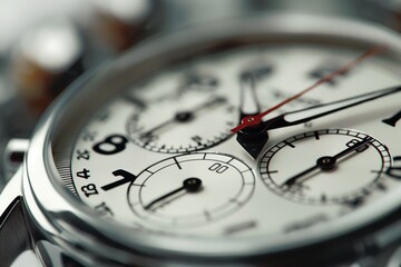 Fototapeta premium Close-up of silver watch face with black numbers and hands. Focus on watch face with blurred background. Portrait orientation, center framed, clear visibility.