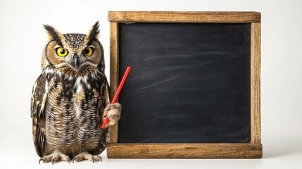 An owl next to blank blackboard, holding pointer, isolated on white background