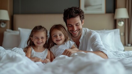 Fototapeta premium Happy young family with two children sitting on bed and unpacking at luxury hotel summer holiday : Generative AI