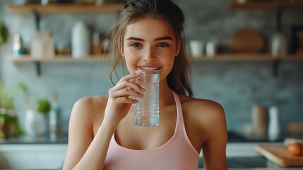 Charming smiling young woman in sportswear standing in home kitchen drinking fresh water after doing workout Thirsty active sport female takes sips Dieting healthy lifestyle weight los : Generative AI