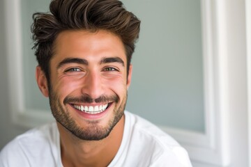 Obraz premium Handsome young adult man with big smile on face. He is cheerful, confident, photogenic. Positive happy expression with teeth showing. He is attractive, friendly, fun. Casual attire, indoor setting.