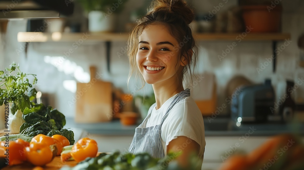 Wall mural woman kitchen and vegetables with smile portrait and home for nutrition salad and diet person house 