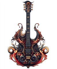 An ornate guitar design featuring intricate swirls and vibrant colors.