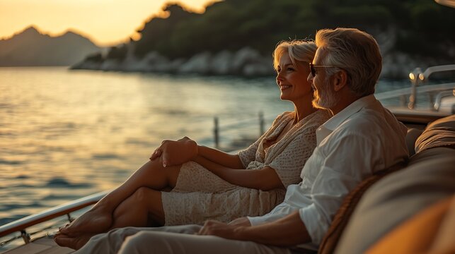 Romantic vacation and luxury travel Senior loving couple sitting on the yacht deck Sailing the river : Generative AI - Powered by Adobe