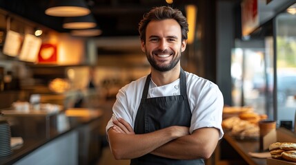 Fototapeta premium Happy Fast Food Manager Standing with Arms Crossed Friendly and charismatic restaurant staff welcoming with a smile : Generative AI