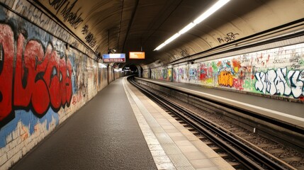 subway station with graffiti-covered walls and a flickering overhead light