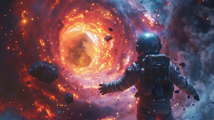 A cinematic shot of an astronaut reaching out toward a glowing wormhole, the spacecraft in the background, the intense energy and colors of the cosmic anomaly illuminating the scene,