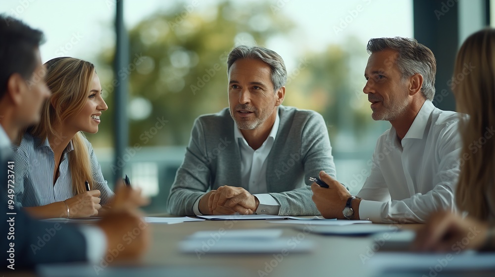 Poster Professional project managers group negotiating in boardroom at meeting Boss discussing with creative team the concept of business strategy in their project Fun at work Copy space : Generative AI