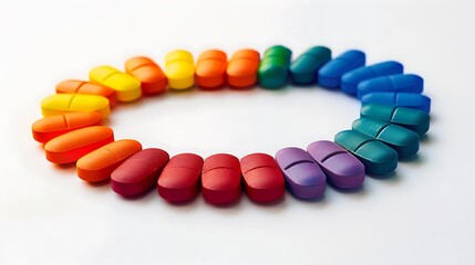 Different colored tablets arranged in a rainbow arc, vivid colors, sharp focus, high contrast, bright lighting, clean white background, orderly composition, hd quality, natural look. --ar 16:9 --v 6.