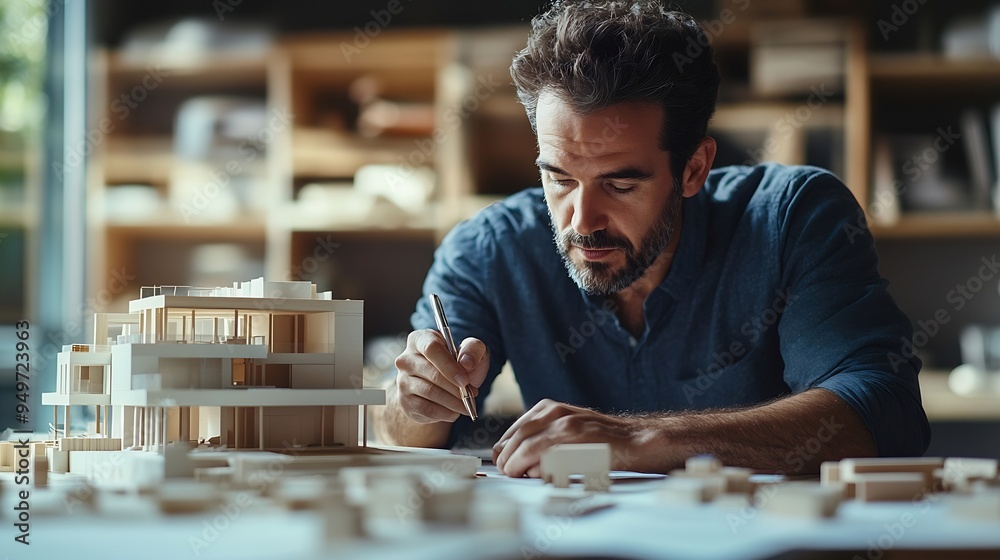 Poster Top view of skilled civil engineer sitting and writing idea while looking at house model Aerial view of architect or designer planning and thinking about creative building construction : Generative AI
