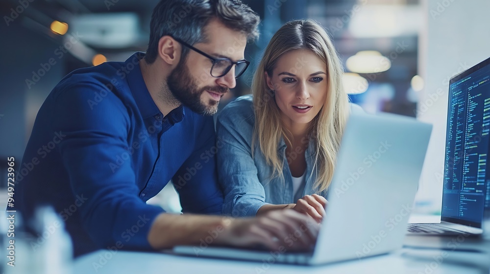 Poster Side view portrait of two software developers using laptop together while working on project in IT company office copy space : Generative AI