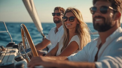 Fototapeta premium Group of friends relaxing on luxury yacht Having fun together while sailing in the sea Romantic couple sitting near steering wheel Traveling and yachting concept : Generative AI