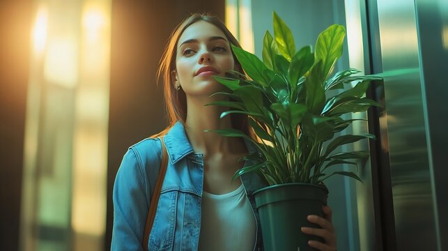 Woman comes out of the elevator with a plant for her new house Young woman comes home with a plant to decorate her house Woman comes home with a plant to give to her partner or family : Generative AI