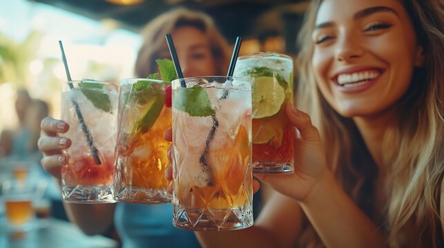 Group of happy people enjoying cocktail party sitting at bar restaurant  Happy friends toasting gin tonic and mojitos together  Food and beverage life style concept : Generative AI