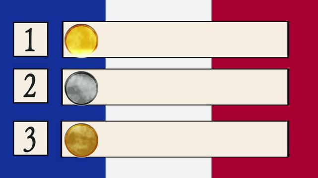 French flag background with medal illustrations and rankings for 1st, 2nd and 3rd places	