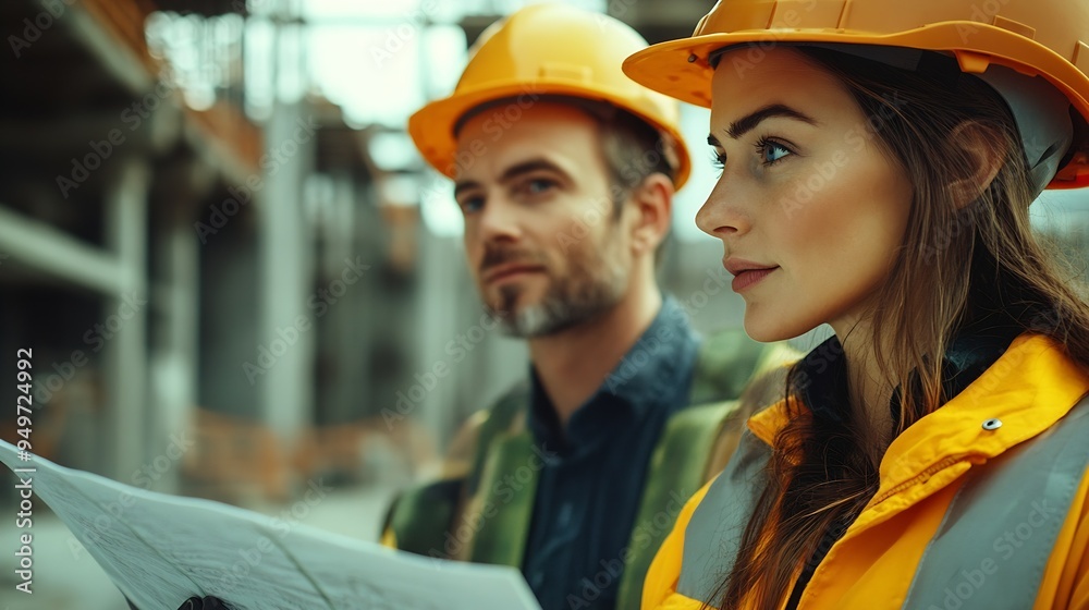 Poster Caucasian engineer in hardhats discussing on construction site Engineer and female foreman worker team checking project at precast concrete factory site : Generative AI
