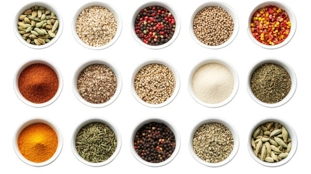 A white bowl filled with a variety of spices including pepper, cumin