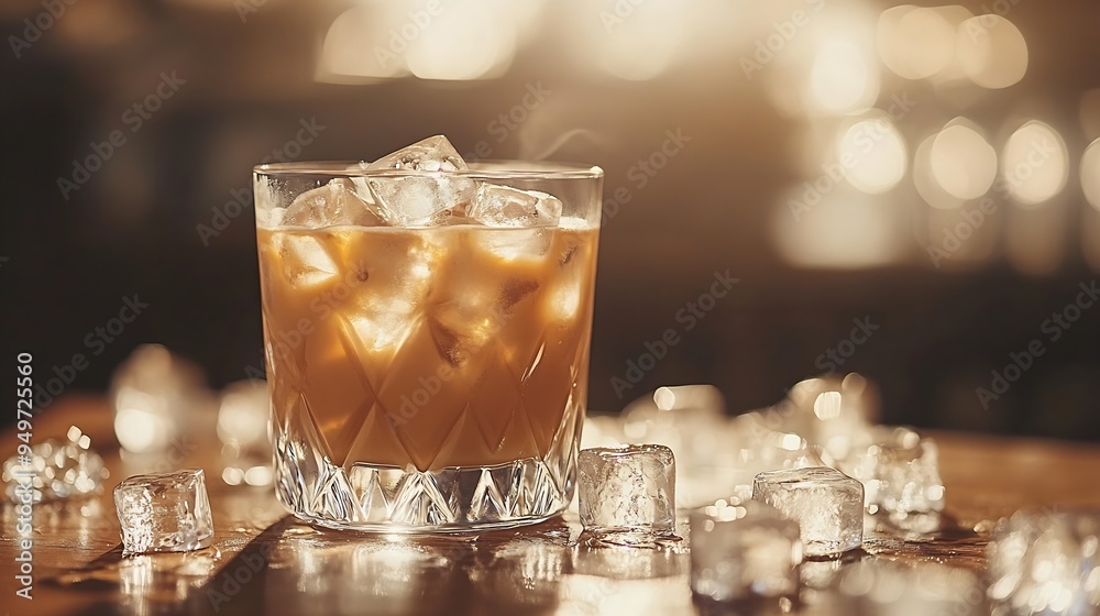 Poster iced coffee with ice cubes in a glass on the table : generative ai