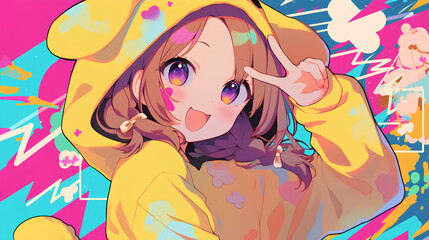 cute dog character wearing anime onesie costume, anime style, cute kawaii, simple, smiling happy. neon psychedelic background